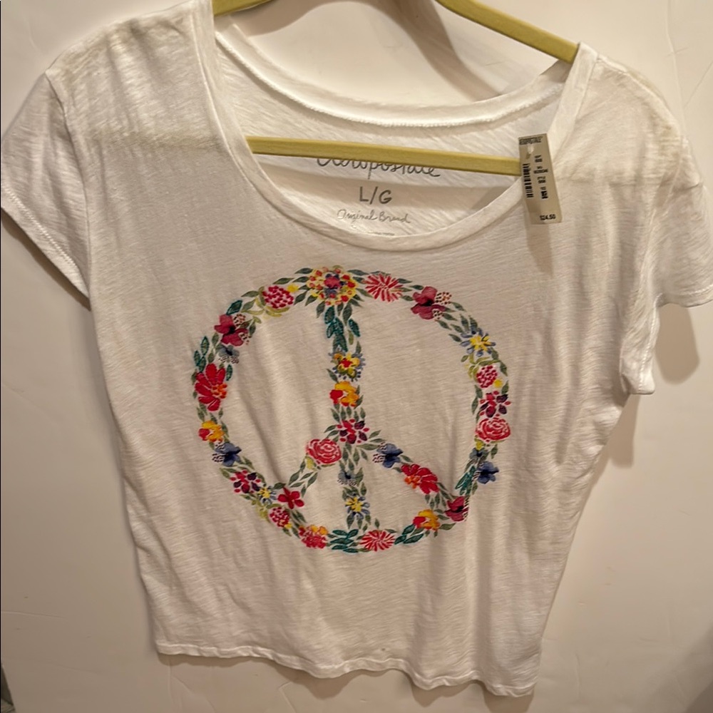 NWT AEROPOSTALE Cooperative White Tee with Colorful Floral Peace Sign L